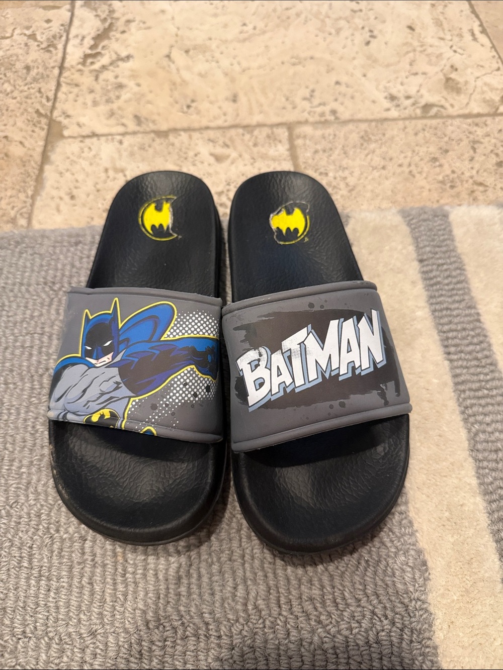 Batman Black and Gray Kids' Slide Sandals with Yellow and Blue Accents